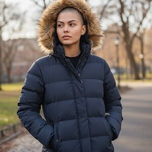 Women's Navy Puffer Jacket with Faux Fur Trim